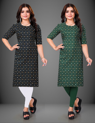 MOBHISA Women Printed Straight Kurta(Green)