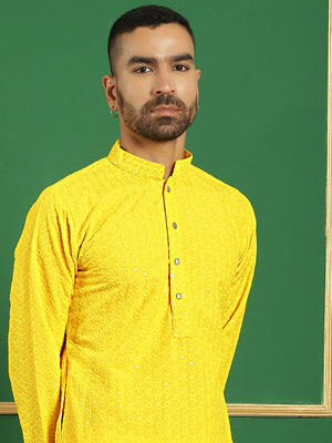 Jompers Men Embroidered Straight Kurta(Yellow)