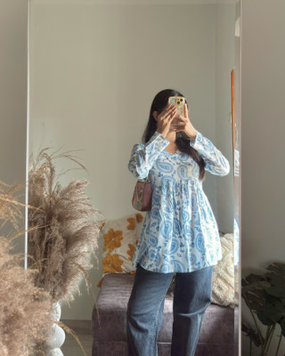 Fyunl Women Printed Flared Kurta(White, Blue)