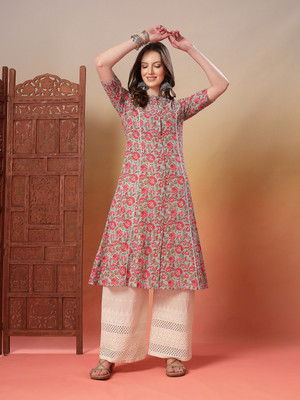 Stylum Women Floral Print A-line Kurta(Light Blue)