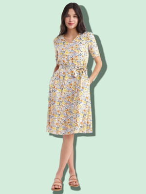 KALLAXI Women Ethnic Dress Beige Midi/Calf Length Dress