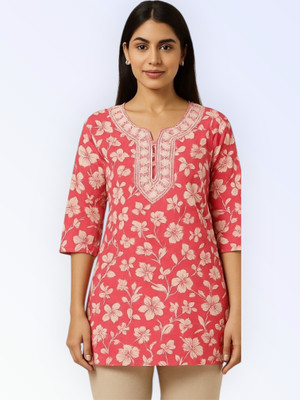 PPThreads Women Embroidered, Printed Straight Kurta(Pink)
