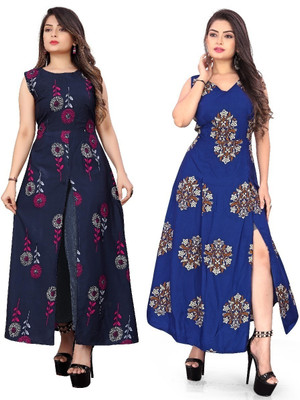 Modli 20 Fashion Women Printed Frontslit Kurta(Blue)
