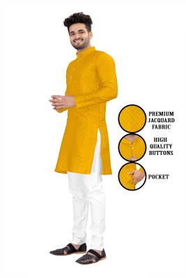 kanha creation Men Self Design Straight Kurta(Yellow)