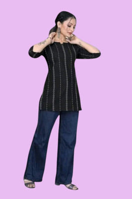 Rangrasiya Women Striped A-line Kurta(Black)