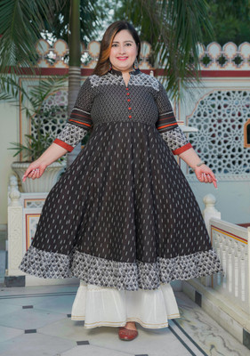 Yash Gallery Women Ikat Anarkali Kurta(Black, White)