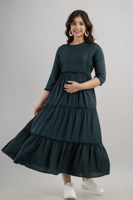 KIMATERNITY Women Solid Flared Kurta(Dark Green)