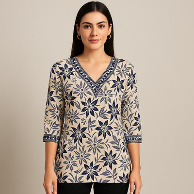 SMARTLINE Women Floral Print Straight Kurta(Blue, Beige)