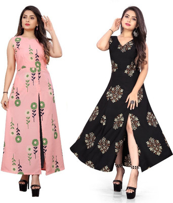 Modli 20 Fashion Women Printed Frontslit Kurta(Black)