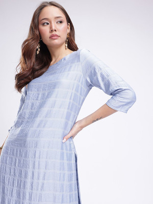 Anouk Rustic Women Checkered Straight Kurta(Blue)