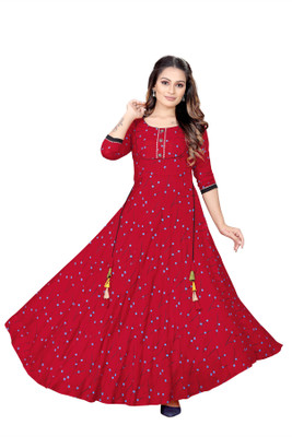 meesorra Women Printed Gown Kurta(Maroon)