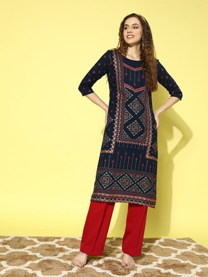 all about you Women Printed Straight Kurta(Blue)