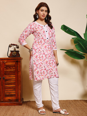 FaeebFashion Women Floral Print, Embellished Straight Kurta(Red)
