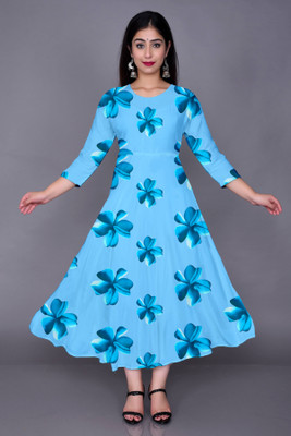 MISS CLOTHING Women Printed A-line Kurta(Light Blue)