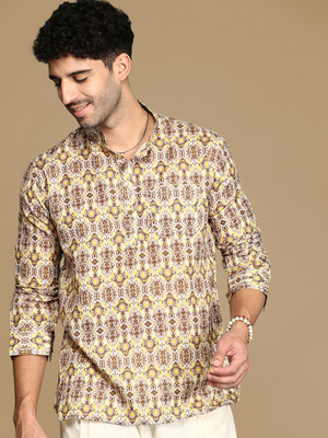 Sanwara Men Printed Straight Kurta(Yellow, Brown)