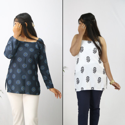 aanzri Women Floral Print A-line Kurta(White, Dark Blue)
