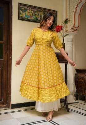 IKRASS Women Printed Anarkali Kurta(Yellow)