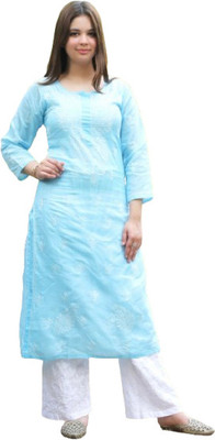 Chikirpolo Women Chikan Embroidery Straight Kurta(Blue)