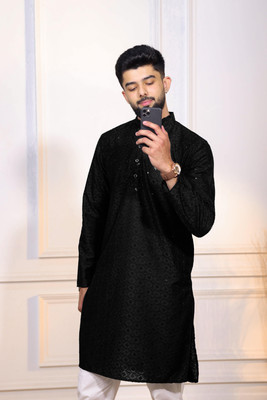 Koshin Men Chikan Embroidery Straight Kurta(Black)