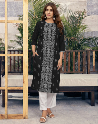 Skylee Women Chikan Embroidery, Embellished, Dyed/Ombre Straight Kurta(Black)
