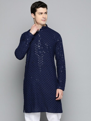 HouseOfCommon Men Chikan Embroidery Ethnic Dress Kurta(Blue)