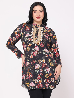 TSM Women Floral Print Straight Kurta(Black)