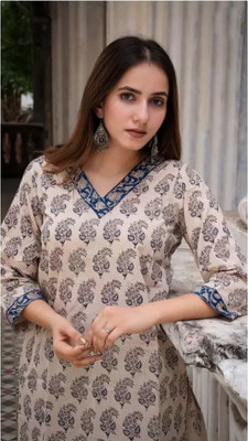 NAWEMA Women Floral Print A-line Kurta(Grey)