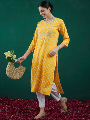 ANOUK Women Leheriya Straight Kurta(Yellow)