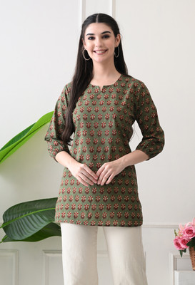 Anjali Fab Tex Women Floral Print A-line Kurta(Dark Green, Red)
