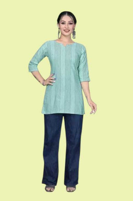 Texpa Creationkl Women Striped Straight Kurta(Green)