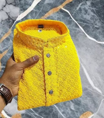 Rensila Fab Men Embellished Straight Kurta(Yellow)