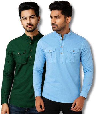MAHIRAN Men Solid Straight Kurta(Green, Light Blue)