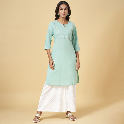 Rangmanch by Pantaloons Women Embroidered Straight Kurta(Light Green)