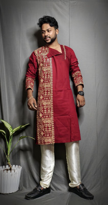 TapasBiswas Men Block Print Ethnic Dress Kurta(Maroon)