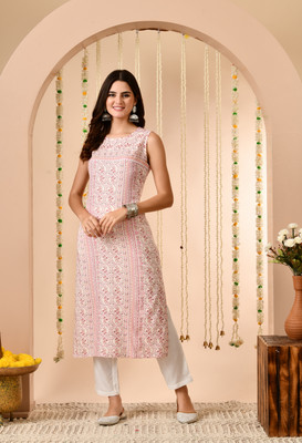 vidhani Women Floral Print Straight Kurta(Pink, White)