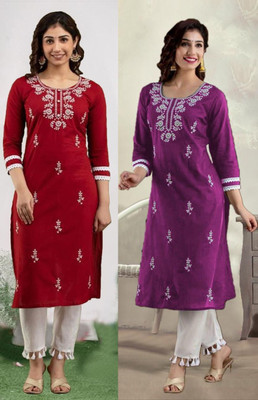 SISTO Women Chikan Embroidery Straight Kurta(Multicolor)