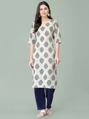 1 Stop Fashion Women Printed Straight Kurta(Grey, Dark Blue)