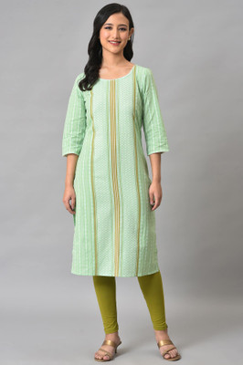 Aurelia Women Self Design Straight Kurta(Light Green, White, Gold)