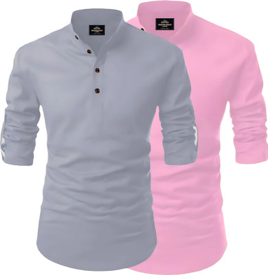 Kavyangle Creation Men Solid Straight Kurta(Grey, Pink)