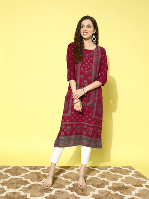 all about you Women Printed Straight Kurta(Maroon)