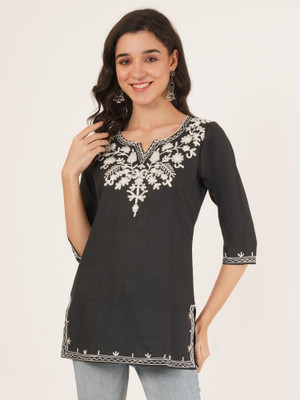 Ethic Glance Women Embroidered A-line Kurta(Black)