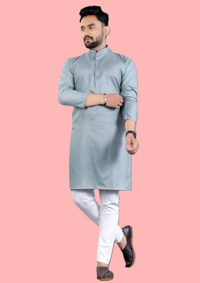 StoneHeart Men Solid Straight Kurta(Grey)