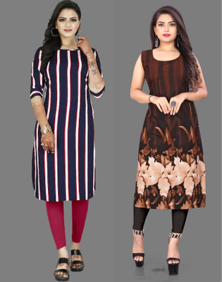 Hiral Creation Women Striped, Printed A-line Kurta(Brown, Purple)