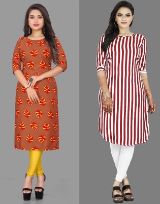 maruti fab Women Striped Straight Kurta(Orange, Red)