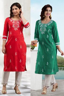 SISTO Women Chikan Embroidery A-line Kurta(Red, Light Green)