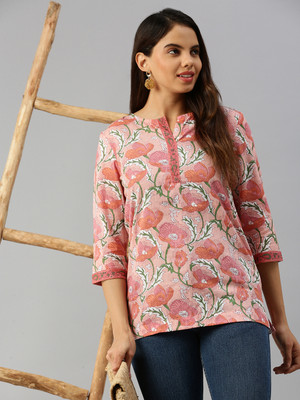 De Moza Women Printed A-line Kurta(Pink)