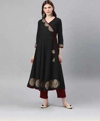 Yash Gallery Women Printed Flared Kurta(Black)