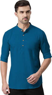indirae Men Solid A-line Kurta(Blue)