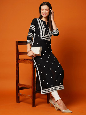 anushansa Women Embroidered, Self Design Straight Kurta(Black, White)