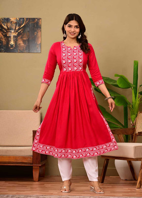 Diwikj Women Embroidered, Printed A-line Kurta(Green)